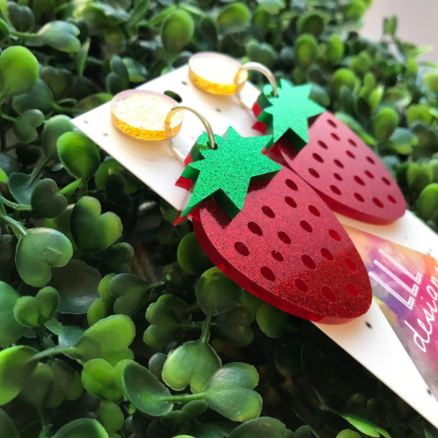 Big and Bold Glitter Strawberry Statement Dangle Earrings. Laser Cut Glitter Acrylic Strawberry Earrings. Fruity and Fabulous Earrings!