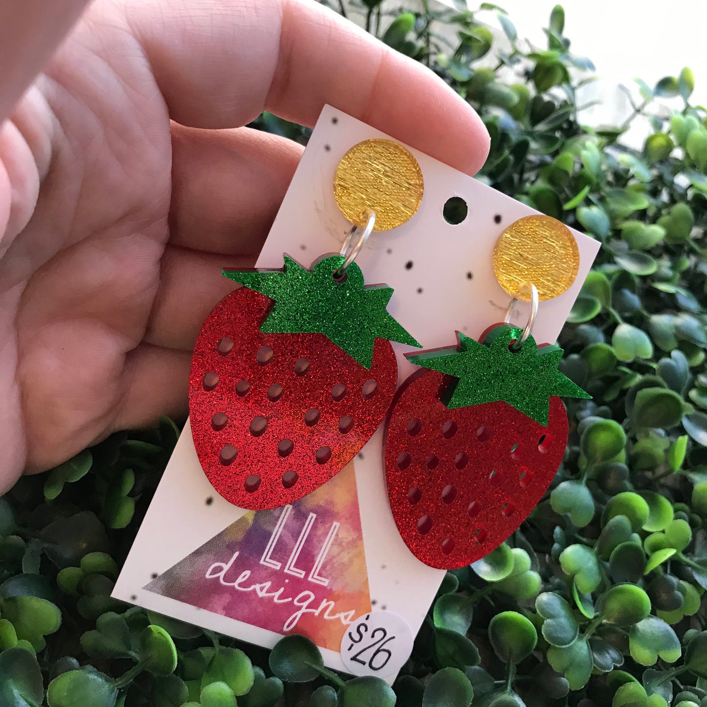 Big and Bold Glitter Strawberry Statement Dangle Earrings. Laser Cut Glitter Acrylic Strawberry Earrings. Fruity and Fabulous Earrings!
