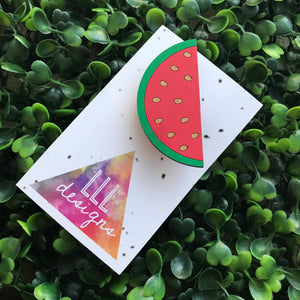 Hand Painted Bamboo Watermelon Brooch. Bitchin Badge. Life's too short to wear boring Jewellery. Handmade in Canberra, Australia. Quirky Fun