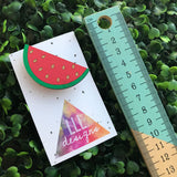 Hand Painted Bamboo Watermelon Brooch. Bitchin Badge. Life's too short to wear boring Jewellery. Handmade in Canberra, Australia. Quirky Fun