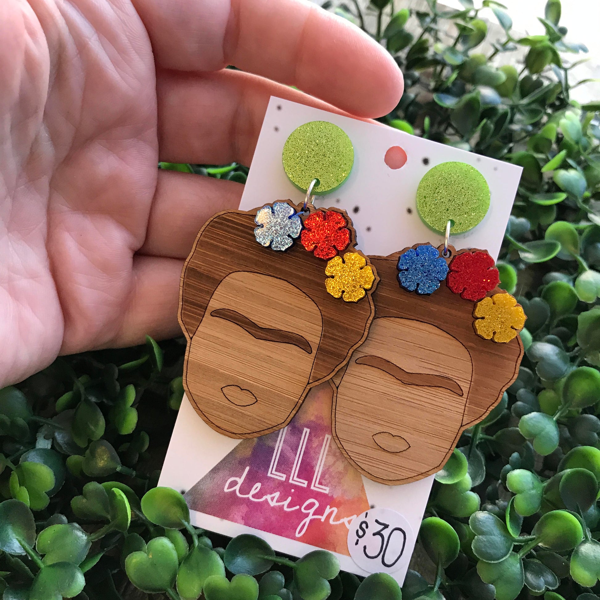 Fabulous Frida Stacked Statement Dangle Earrings. Bamboo & Glitter Acrylic Laser Cut Earrings. Fun and Fabulous Earrings!! Be Bold - Be You!