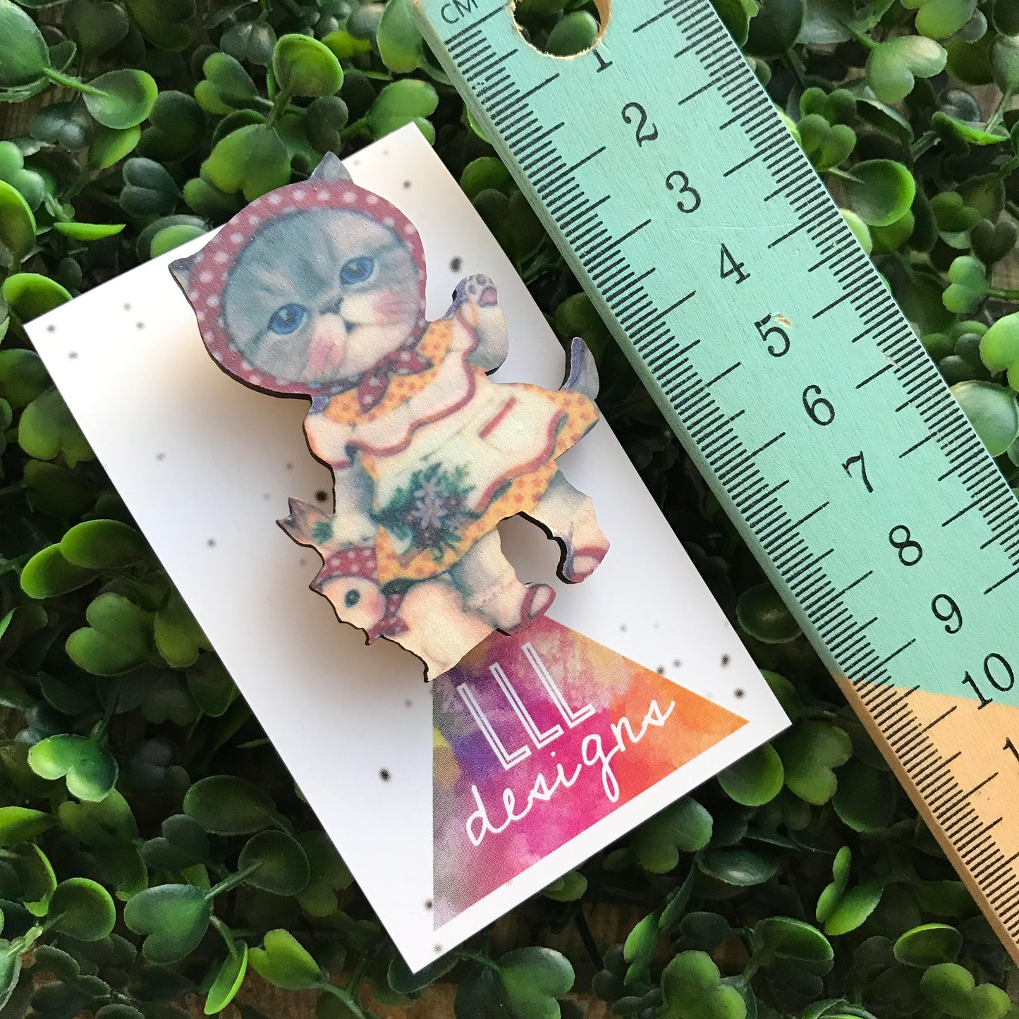 Vintage Dressed Kitty Brooch. Printed Timber Quirky and Fun Brooch. Crazy Cat Lady Brooch. Life's too short to wear boring Brooches!
