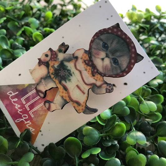 Vintage Dressed Kitty Brooch. Printed Timber Quirky and Fun Brooch. Crazy Cat Lady Brooch. Life's too short to wear boring Brooches!