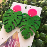 Monstera Statement Dangle Earrings. (med size) Glorious Glitter Green Statement Earrings. Laser Cut Leaf Earrings. Be BOLD - Be YOU!!!