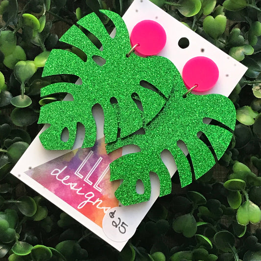 Monstera Statement Dangle Earrings. (mega size) Glorious Glitter Green Statement Earrings. Laser Cut Leaf Earrings. Be BOLD - Be YOU!!!