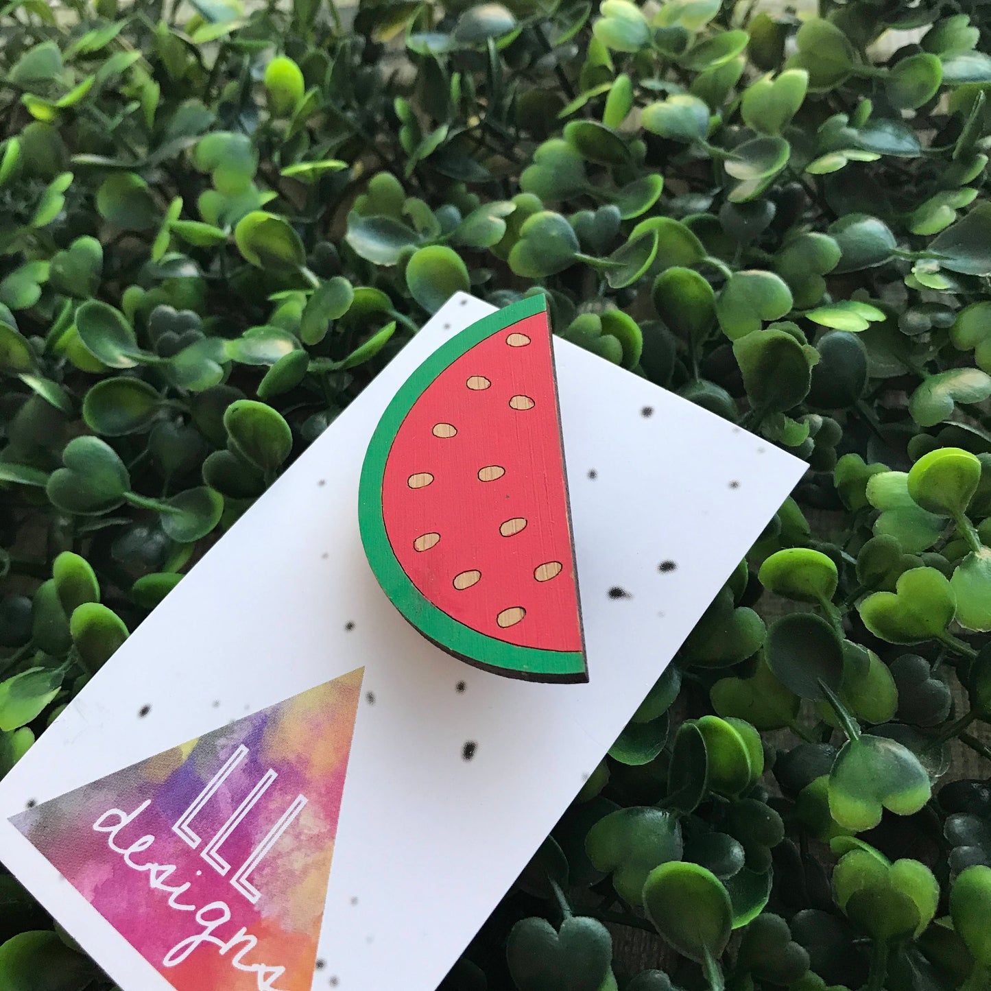 Hand Painted Bamboo Watermelon Brooch. Bitchin Badge. Life's too short to wear boring Jewellery. Handmade in Canberra, Australia. Quirky Fun