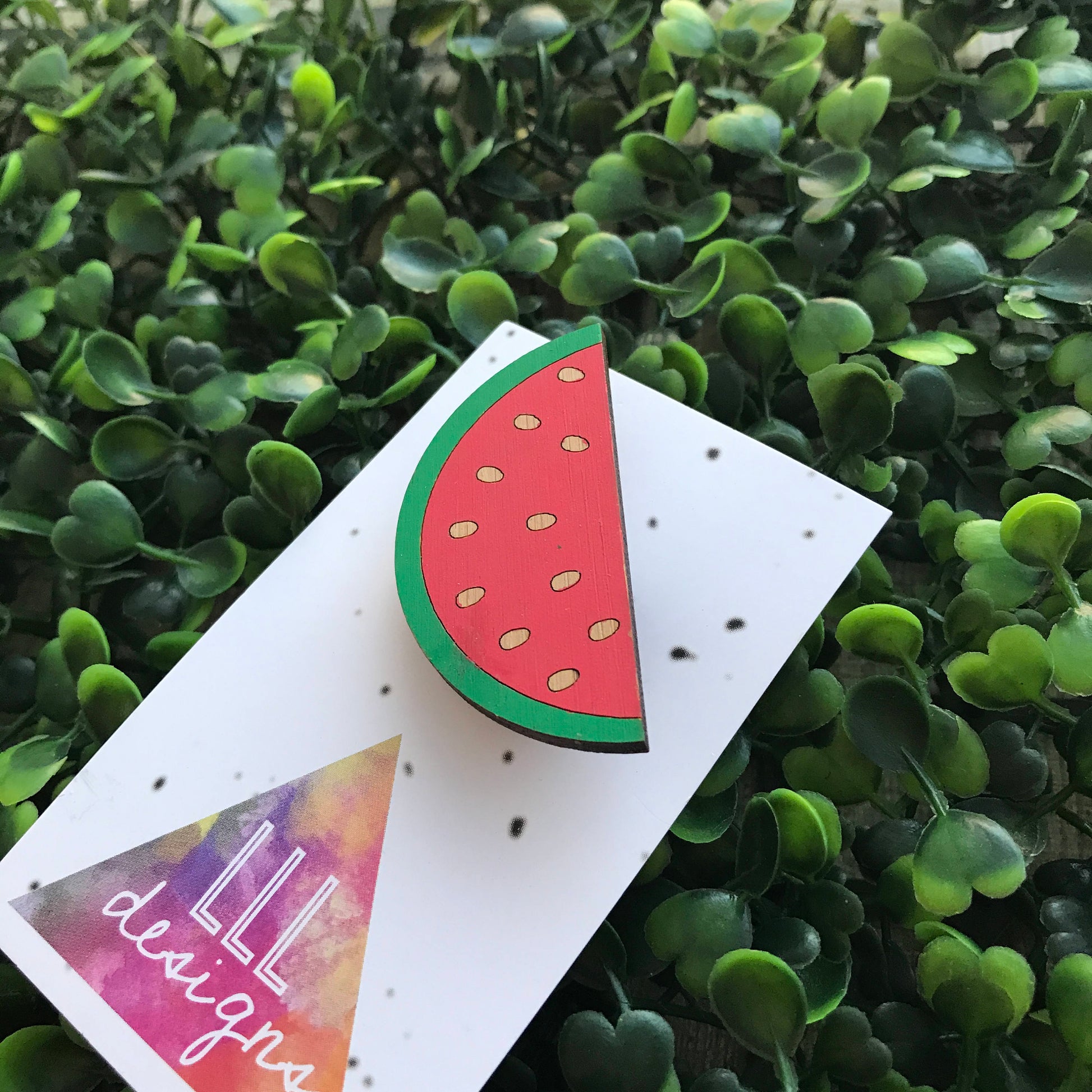 Hand Painted Bamboo Watermelon Brooch. Bitchin Badge. Life's too short to wear boring Jewellery. Handmade in Canberra, Australia. Quirky Fun