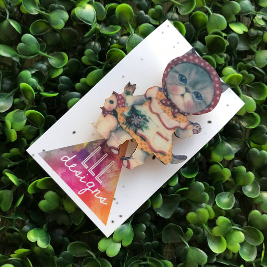 Vintage Dressed Kitty Brooch. Printed Timber Quirky and Fun Brooch. Crazy Cat Lady Brooch. Life's too short to wear boring Brooches!