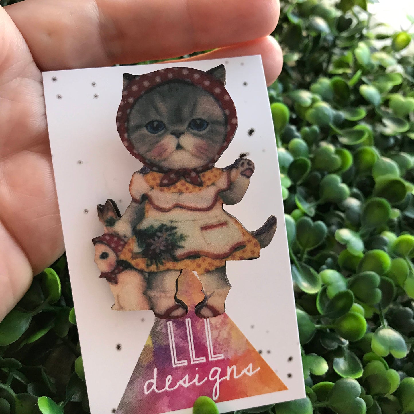 Vintage Dressed Kitty Brooch. Printed Timber Quirky and Fun Brooch. Crazy Cat Lady Brooch. Life's too short to wear boring Brooches!