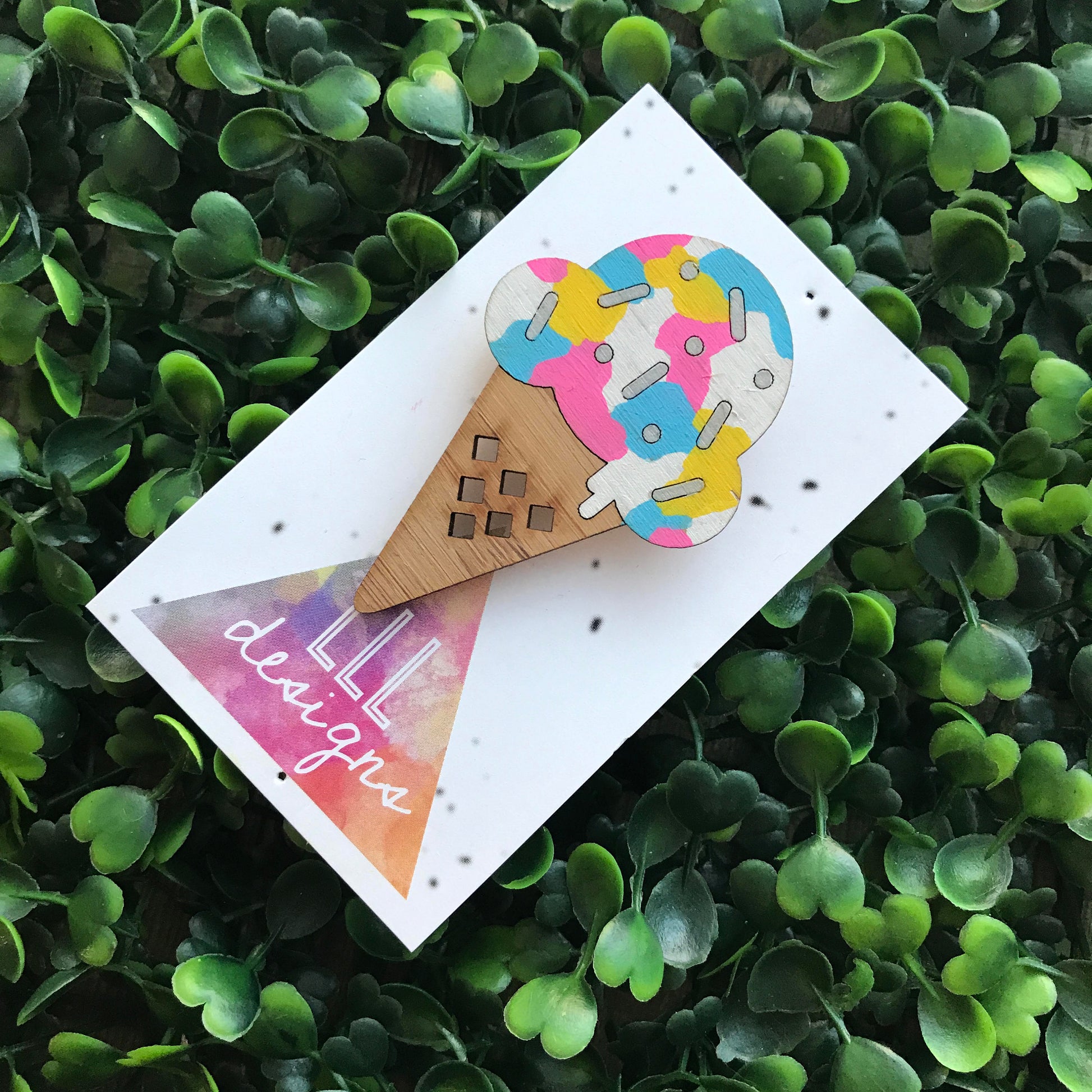 Rainbow Hand Painted IceCream Cone Bamboo Brooch. Rainbow IceCream Badge. The perfect little piece of fun at brighten up your outfit & day!!