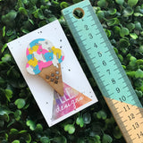 Rainbow Hand Painted IceCream Cone Bamboo Brooch. Rainbow IceCream Badge. The perfect little piece of fun at brighten up your outfit & day!!