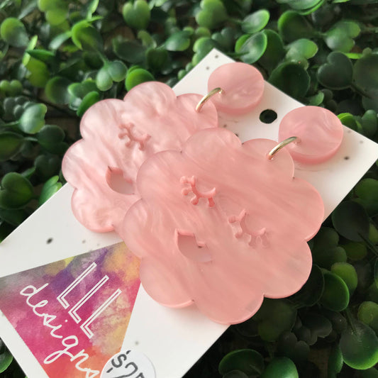 Super Cute Pastel Pink Sleepy Cloud Statement Dangle Earrings. Made from Soft Pink Marble Acrylic. These guys will make you feel all cosy :)