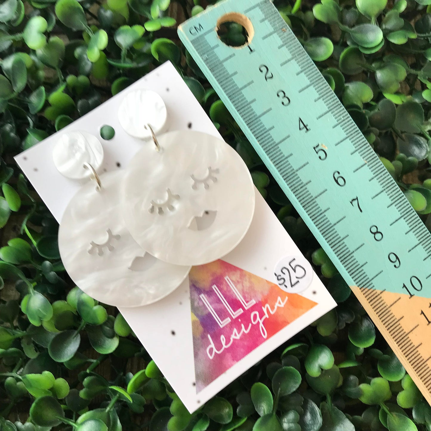 Super Cute Pearl Marble Sleepy Moon Statement Dangle Earrings. Made from Pearl Marble Acrylic. These guys will make you feel all cosy inside