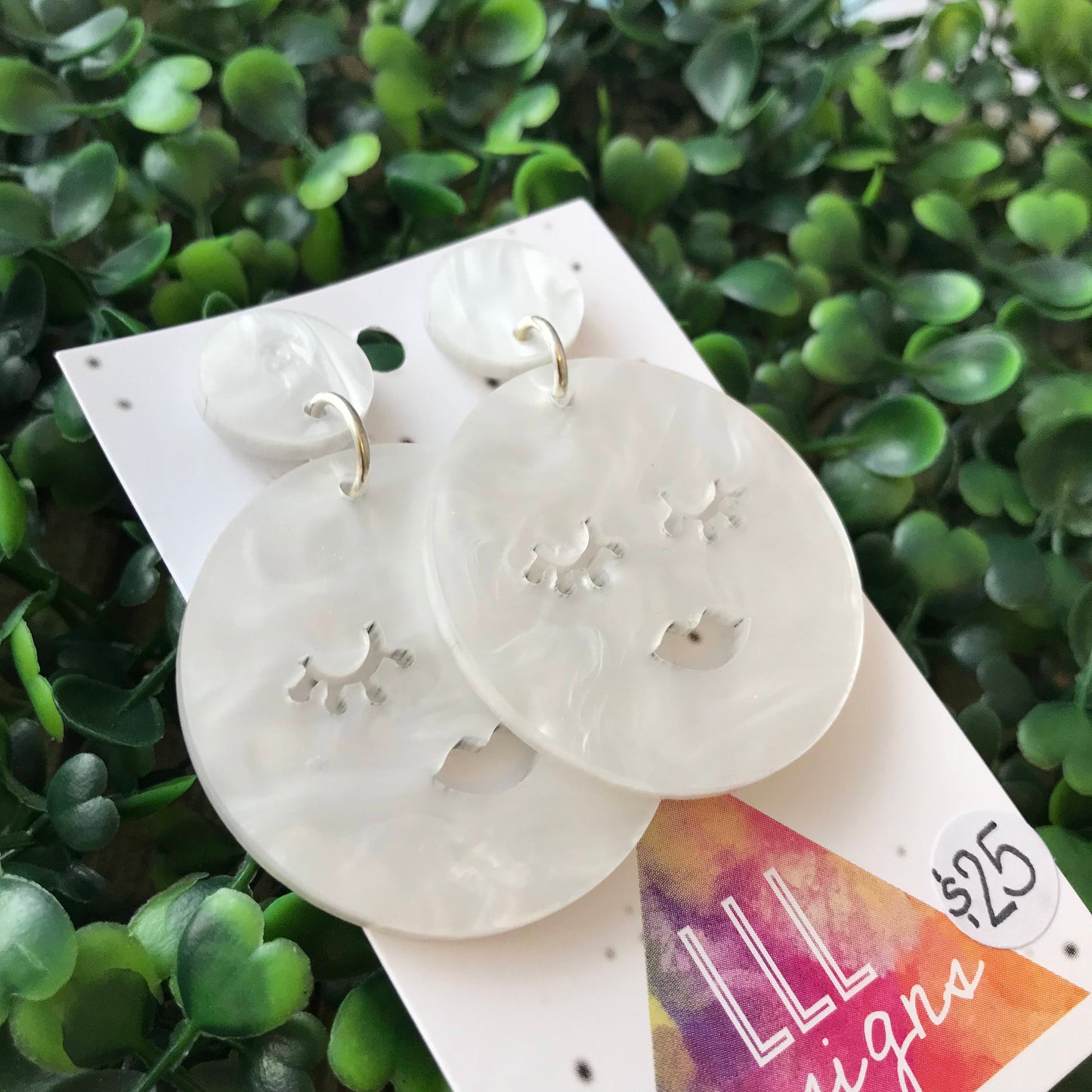 Super Cute Pearl Marble Sleepy Moon Statement Dangle Earrings. Made from Pearl Marble Acrylic. These guys will make you feel all cosy inside