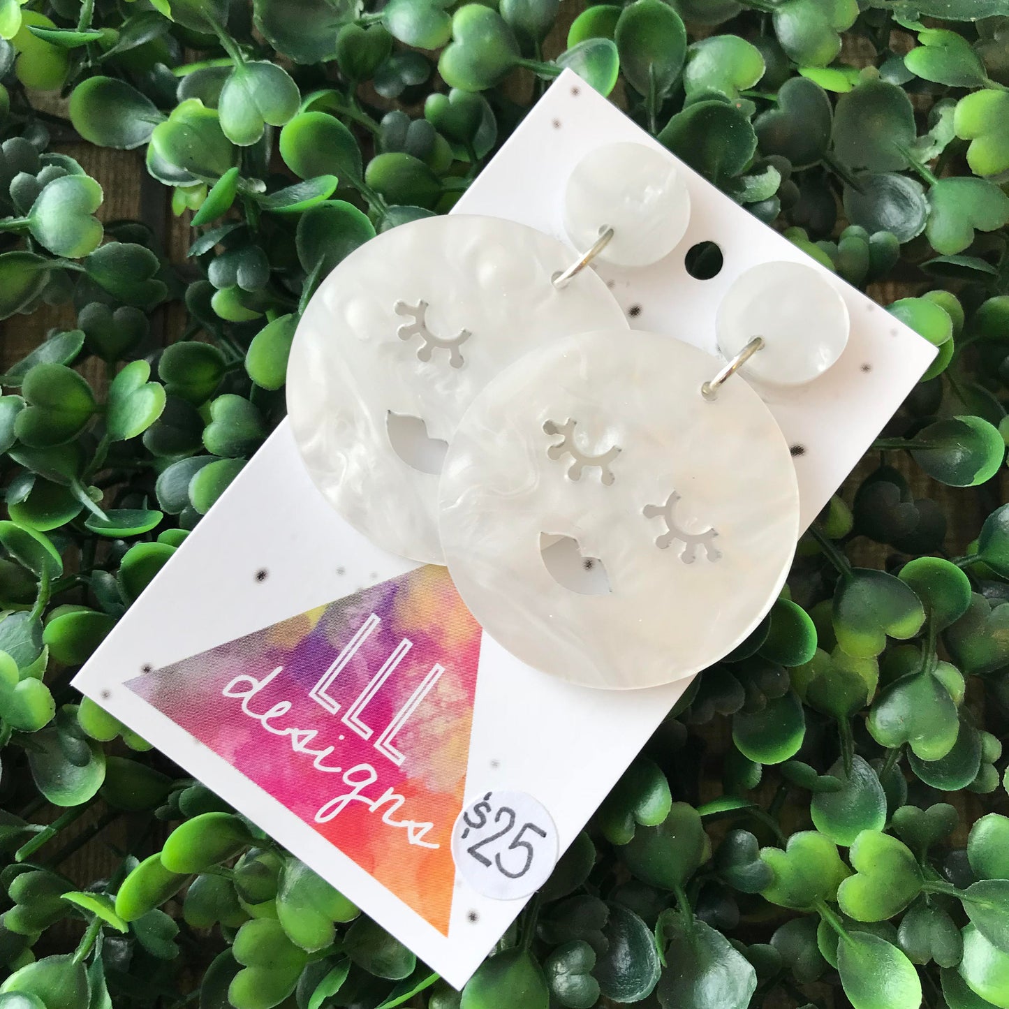 Super Cute Pearl Marble Sleepy Moon Statement Dangle Earrings. Made from Pearl Marble Acrylic. These guys will make you feel all cosy inside