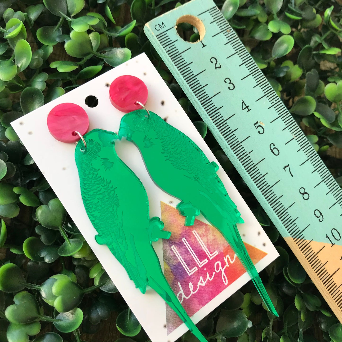 Mirror Budgie Statement Dangle Earrings. Glorious Green Laser Cut Mirrored Acrylic. Featuring Stunning Laser Etched Detail. Be BOLD Be YOU!!