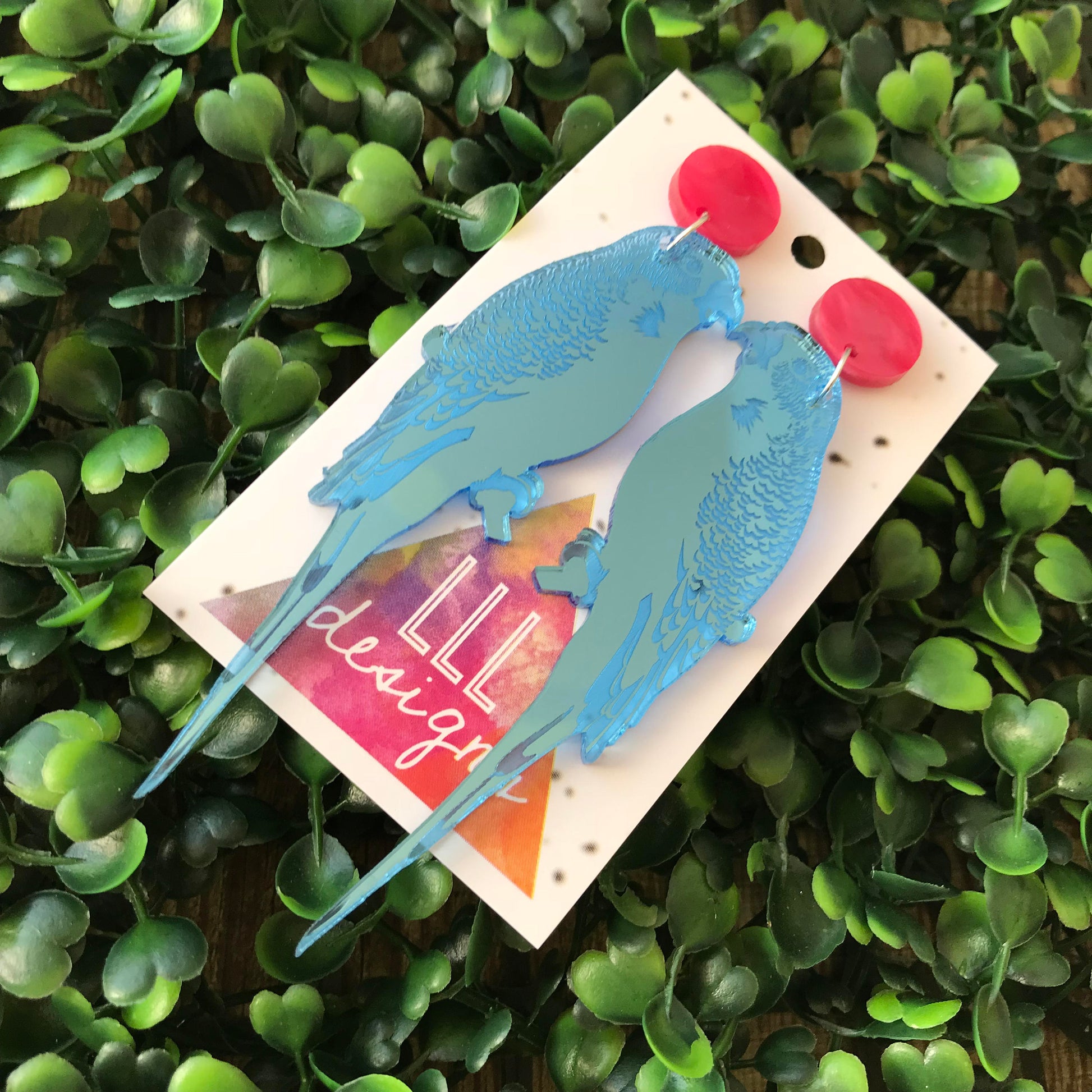 Mirror Budgie Statement Dangle Earrings. Baby Blue Laser Cut Mirrored Acrylic. Featuring Stunning Laser Etched Detail. Be BOLD Be YOU!!