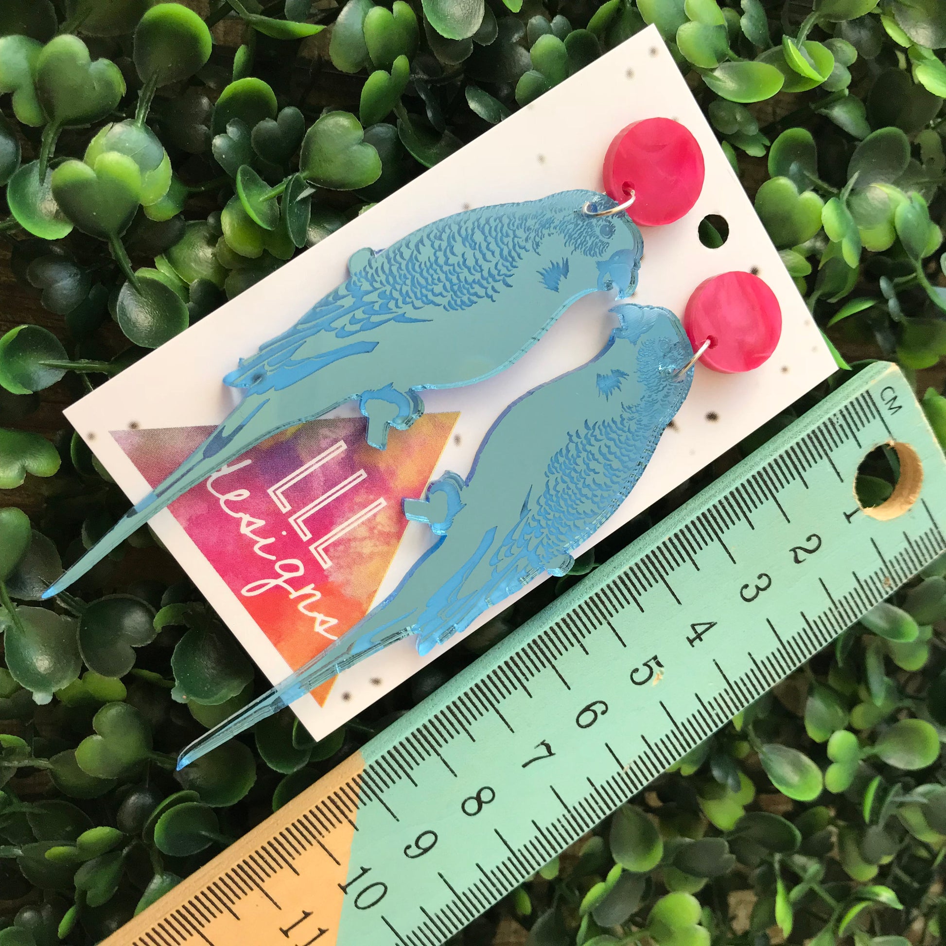 Mirror Budgie Statement Dangle Earrings. Baby Blue Laser Cut Mirrored Acrylic. Featuring Stunning Laser Etched Detail. Be BOLD Be YOU!!