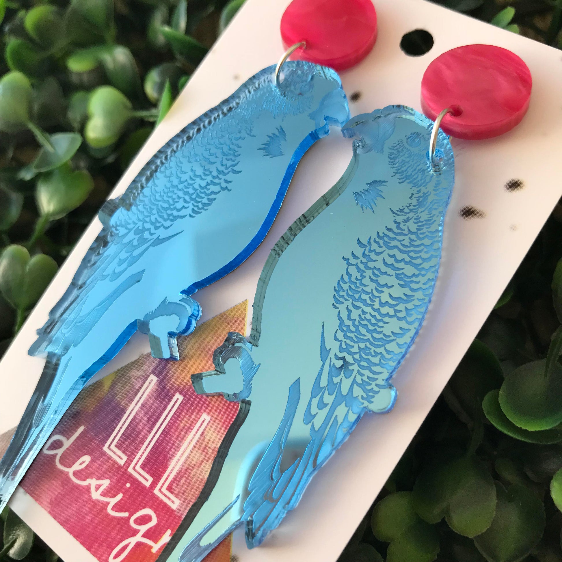 Mirror Budgie Statement Dangle Earrings. Baby Blue Laser Cut Mirrored Acrylic. Featuring Stunning Laser Etched Detail. Be BOLD Be YOU!!