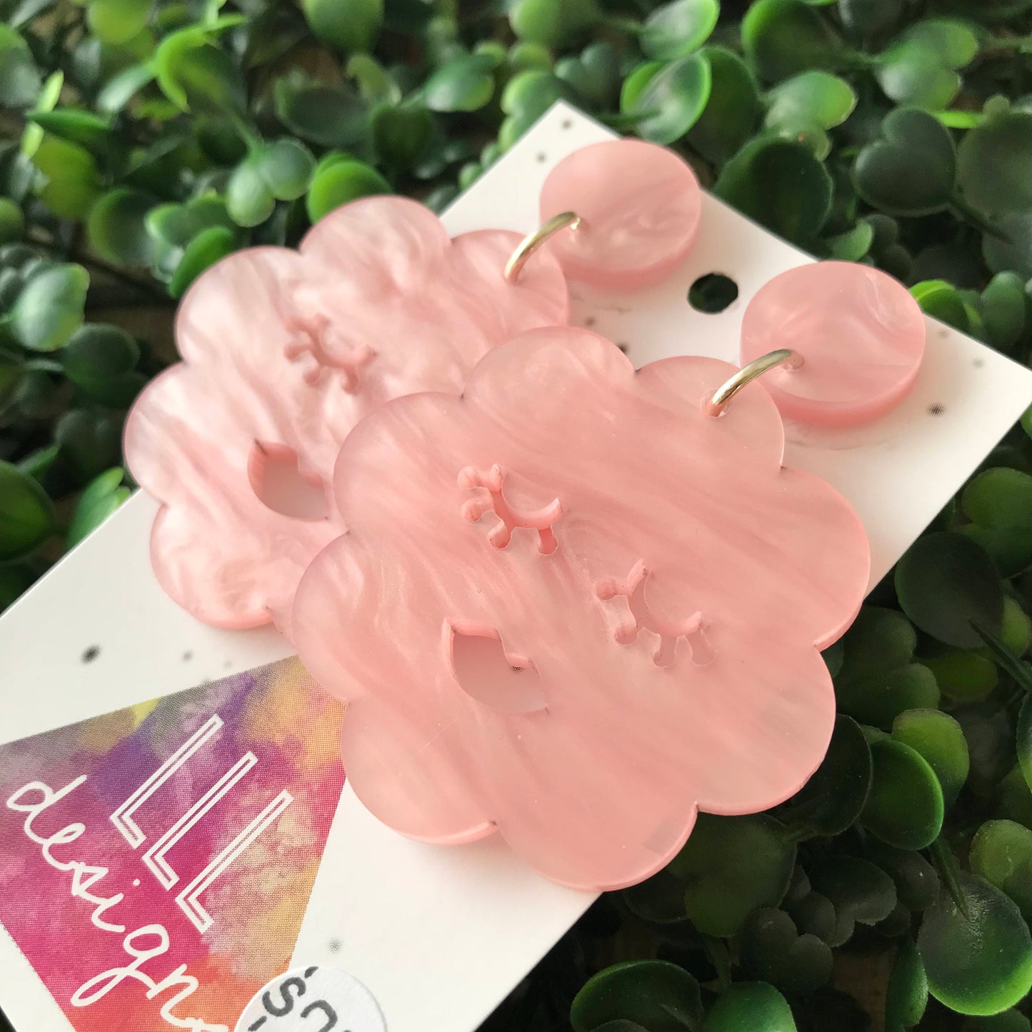 Super Cute Pastel Pink Sleepy Cloud Statement Dangle Earrings. Made from Soft Pink Marble Acrylic. These guys will make you feel all cosy :)