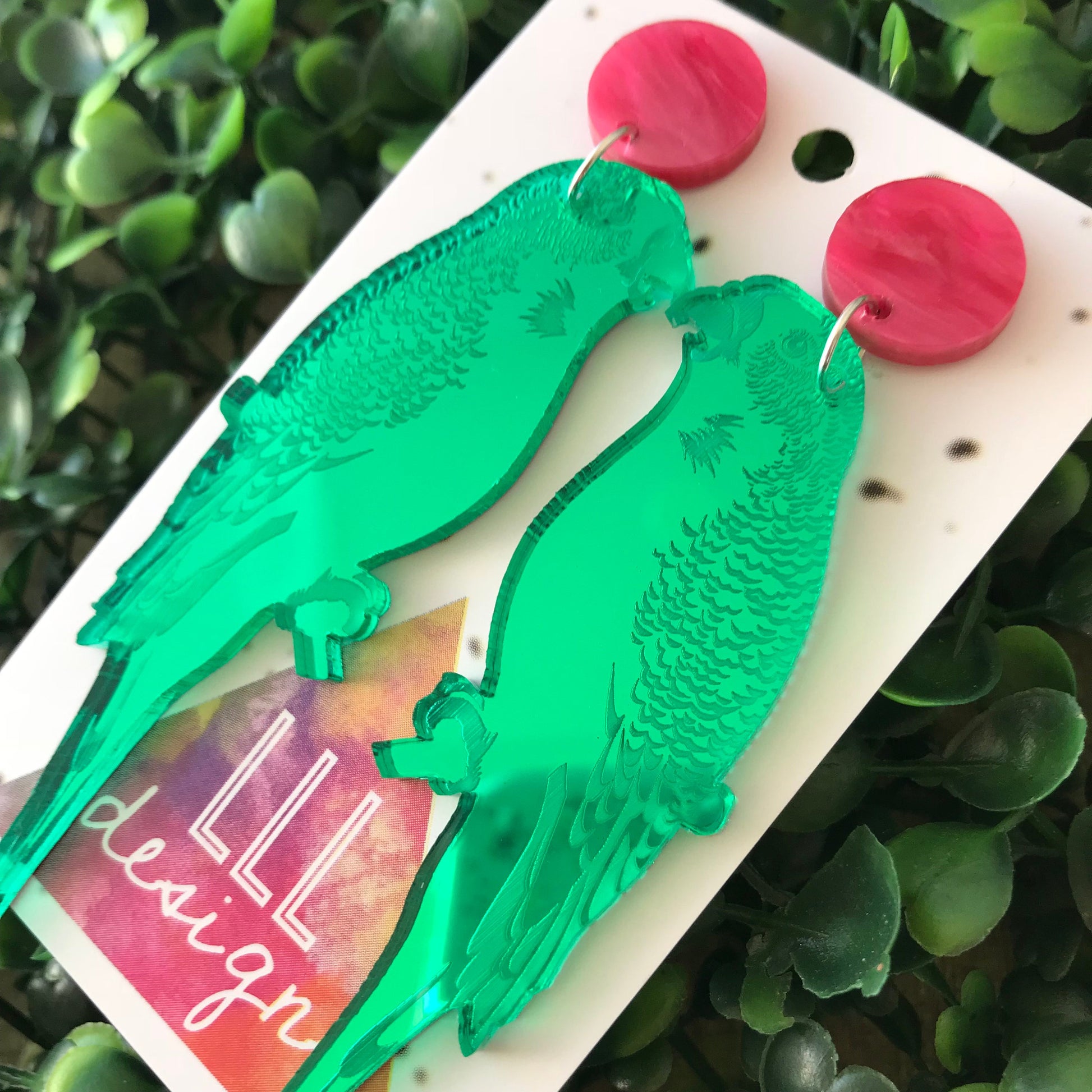 Mirror Budgie Statement Dangle Earrings. Glorious Green Laser Cut Mirrored Acrylic. Featuring Stunning Laser Etched Detail. Be BOLD Be YOU!!
