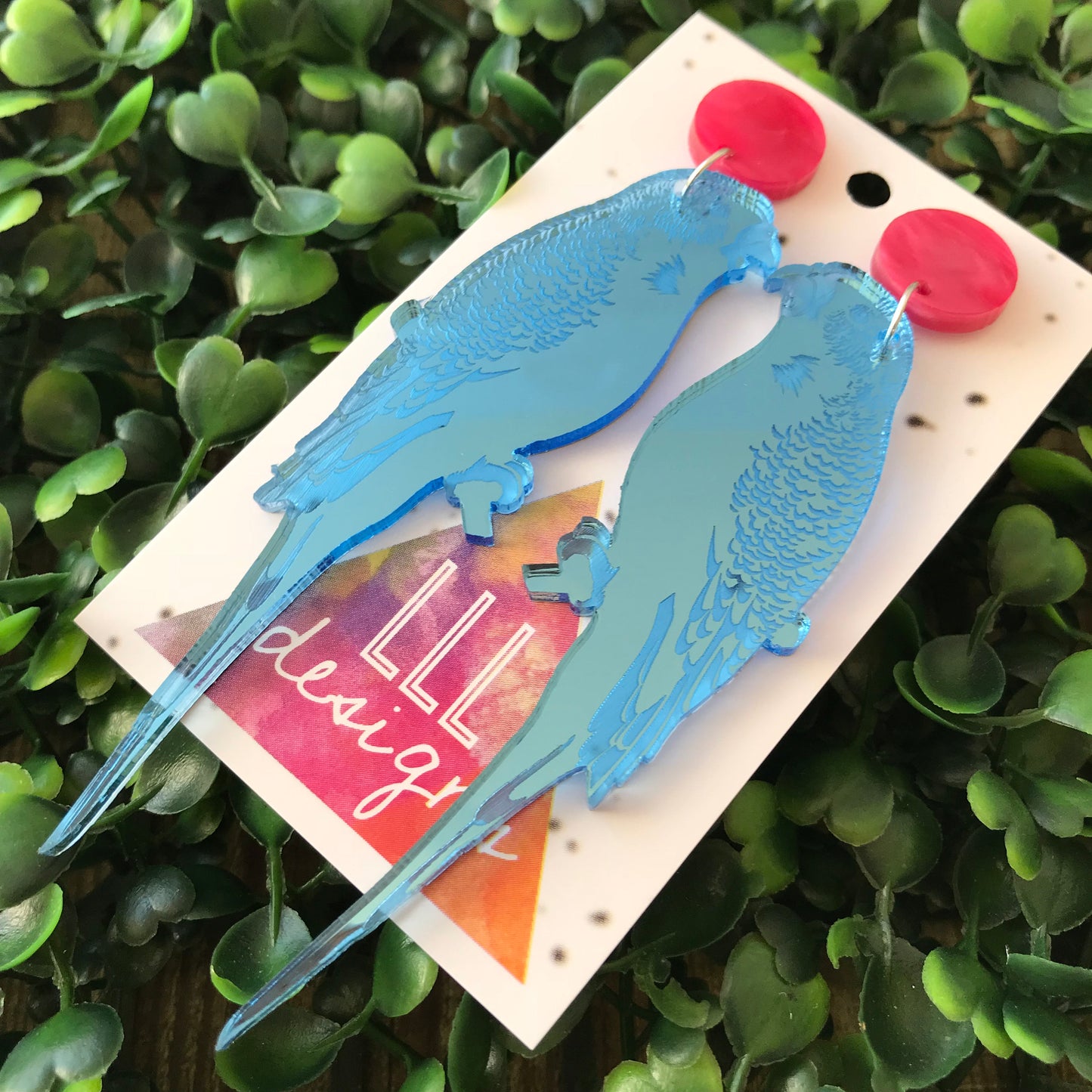 Mirror Budgie Statement Dangle Earrings. Baby Blue Laser Cut Mirrored Acrylic. Featuring Stunning Laser Etched Detail. Be BOLD Be YOU!!