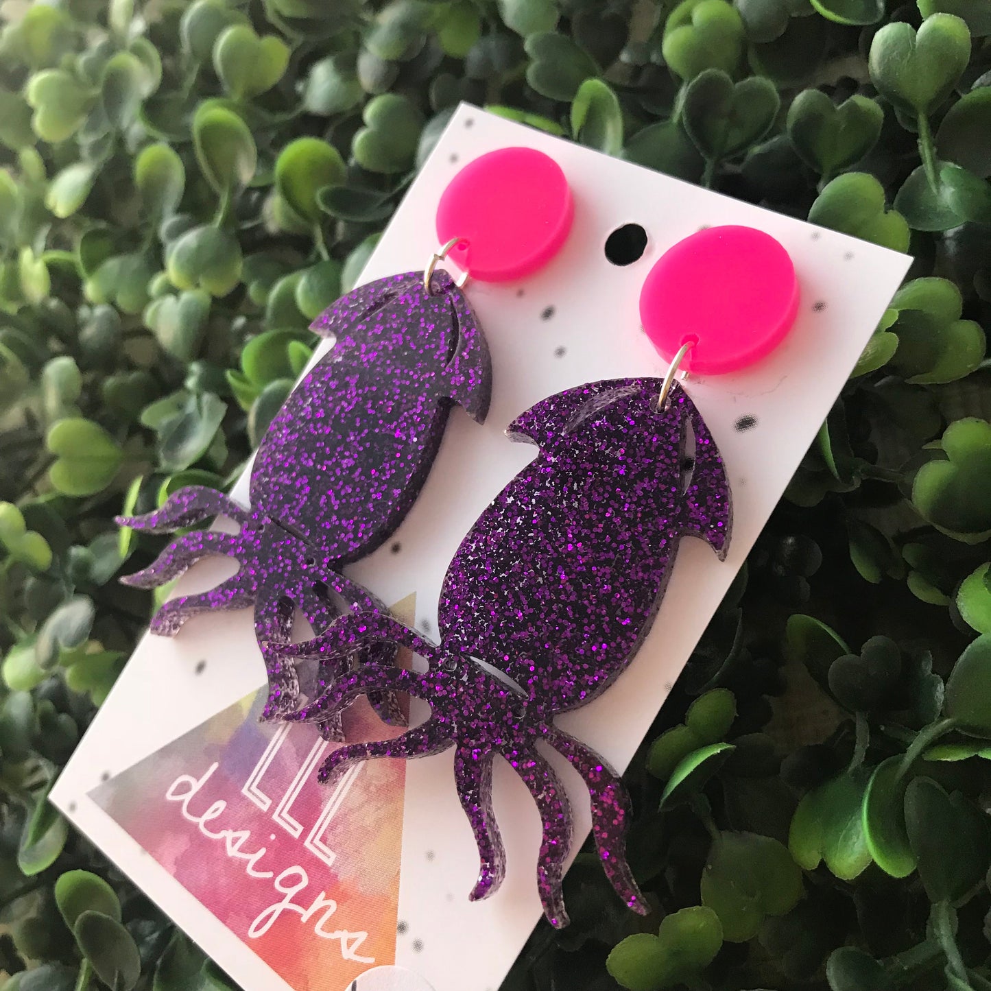 Glorious Glitter Squid Statement Dangle Earrings. Punchy in Purple and Neon Pink Tops to make them POP!!! Be BOLD - Be YOU!!!