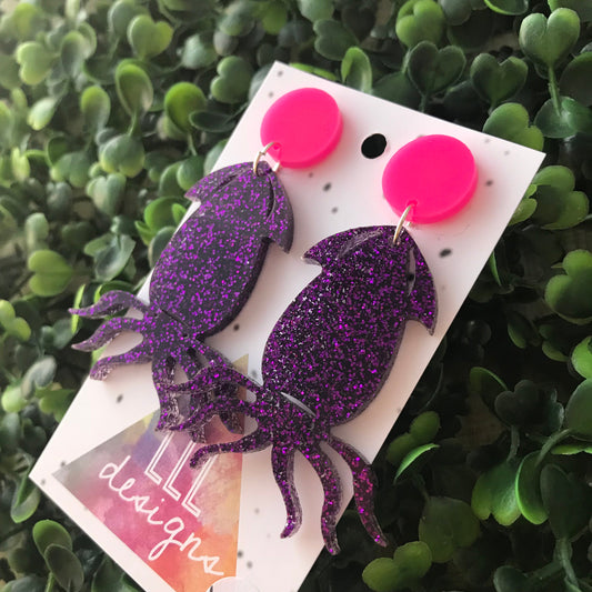Glorious Glitter Squid Statement Dangle Earrings. Punchy in Purple and Neon Pink Tops to make them POP!!! Be BOLD - Be YOU!!!