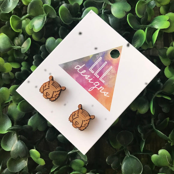 Terry The Tiger Etched Bamboo Stud Earrings. These detailed cuties will bring a smile to your face - along with all who see you wearing them