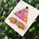 Itty Bitty Etched Bamboo Caravan Stud Earrings. These Retro Cuties will bring a smile to your dial and brighten everyone's day who see you!