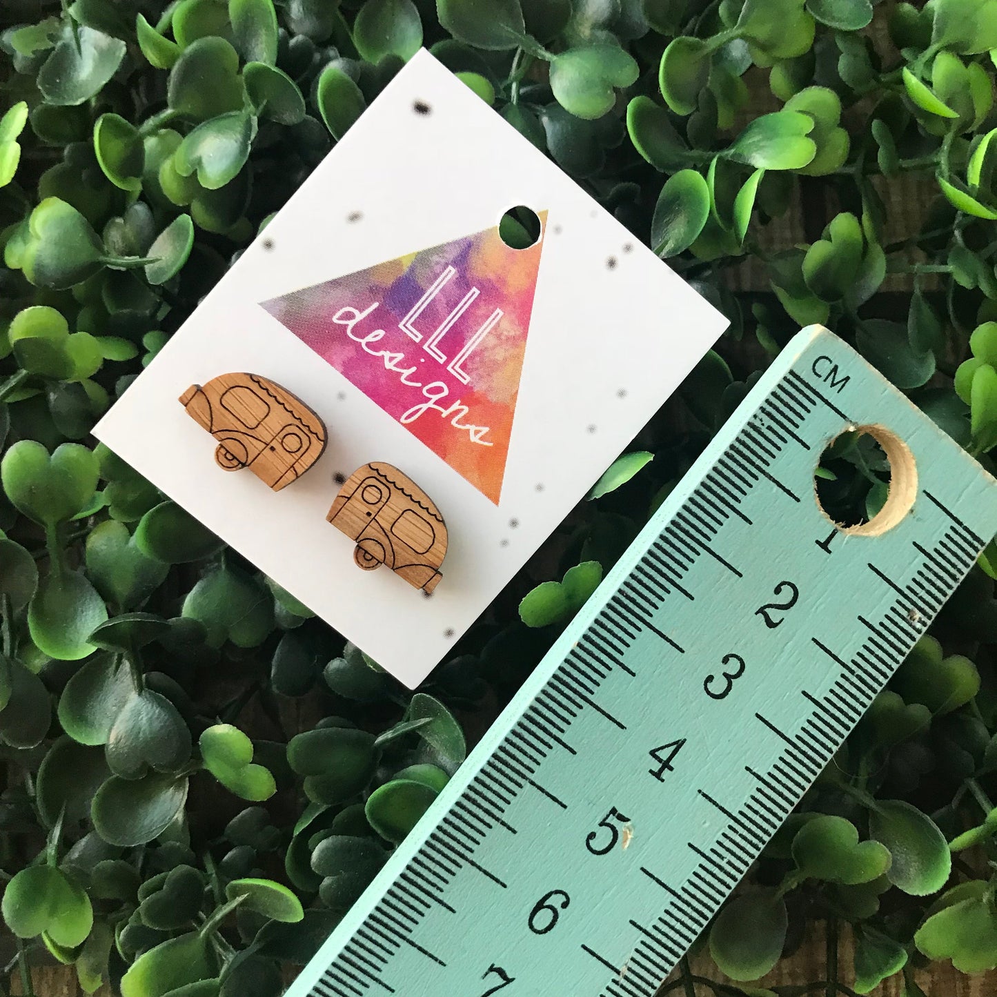 Itty Bitty Etched Bamboo Caravan Stud Earrings. These Retro Cuties will bring a smile to your dial and brighten everyone's day who see you!
