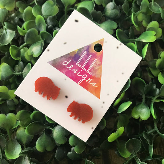 Wonderful Wally the Wombat Stud Earrings. A Super Cute little Aussie Local to add some whimsy to your day. Made from Copper Pearl Acrylic.