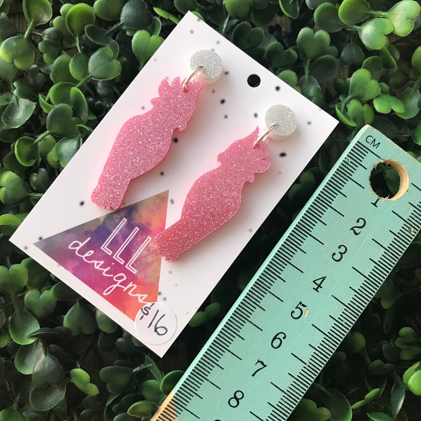 Galah Statement Dangle Earrings. (mini size) Australian Earrings. Australian Native Bird. Quirky Earrings. Pink Glitter Earrings.