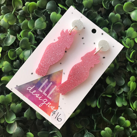 Galah Statement Dangle Earrings. (mini size) Australian Earrings. Australian Native Bird. Quirky Earrings. Pink Glitter Earrings.