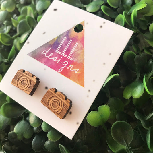 Crazy Cute Camera Stud Earrings. Laser Cut and Etched Bamboo Earrings. Camera Earrings. Life's too short to wear boring Jewellery.