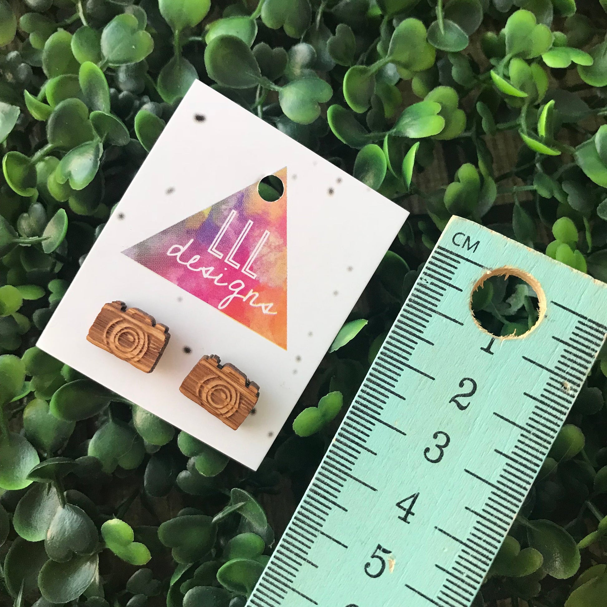 Crazy Cute Camera Stud Earrings. Laser Cut and Etched Bamboo Earrings. Camera Earrings. Life's too short to wear boring Jewellery.