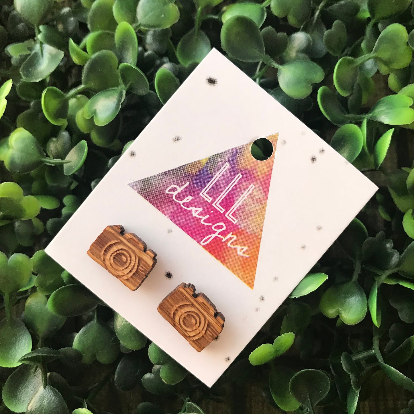 Crazy Cute Camera Stud Earrings. Laser Cut and Etched Bamboo Earrings. Camera Earrings. Life's too short to wear boring Jewellery.