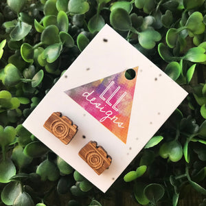 Crazy Cute Camera Stud Earrings. Laser Cut and Etched Bamboo Earrings. Camera Earrings. Life's too short to wear boring Jewellery.