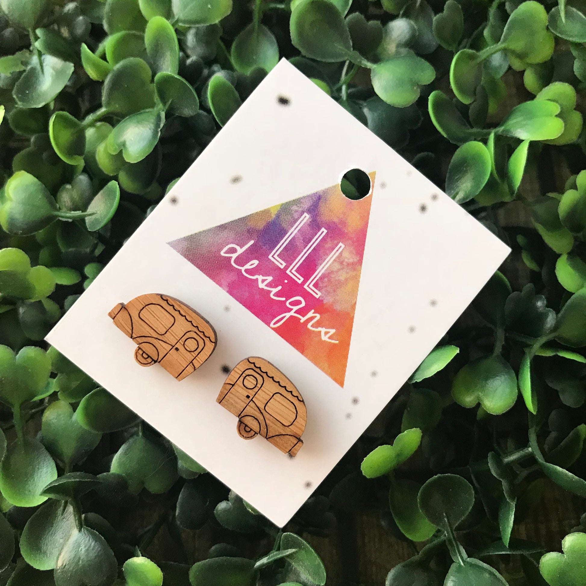 Itty Bitty Etched Bamboo Caravan Stud Earrings. These Retro Cuties will bring a smile to your dial and brighten everyone's day who see you!