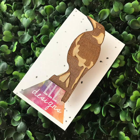 Magnificent Magpie Brooch. Laser Cut and Etched Brooch made from specially prepared timber. Australian Bird Brooch. Handmade Brooch.