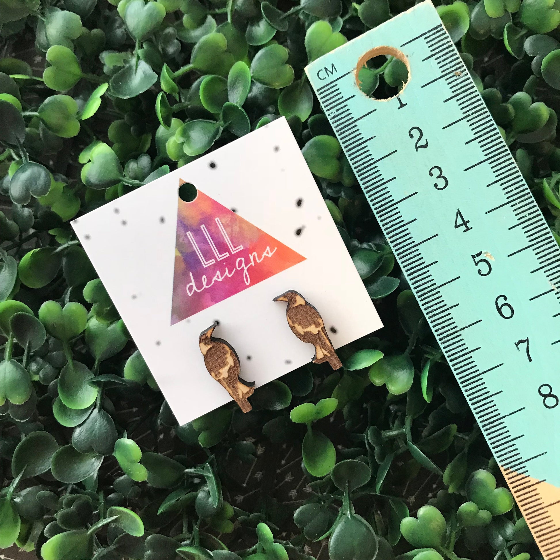 Magnificent Magpie Stud Earrings. Laser Cut and Etched Studs made from specially prepared timber. Australian Bird Earrings. Handmade Studs.