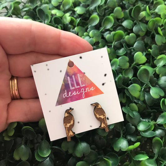Magnificent Magpie Stud Earrings. Laser Cut and Etched Studs made from specially prepared timber. Australian Bird Earrings. Handmade Studs.