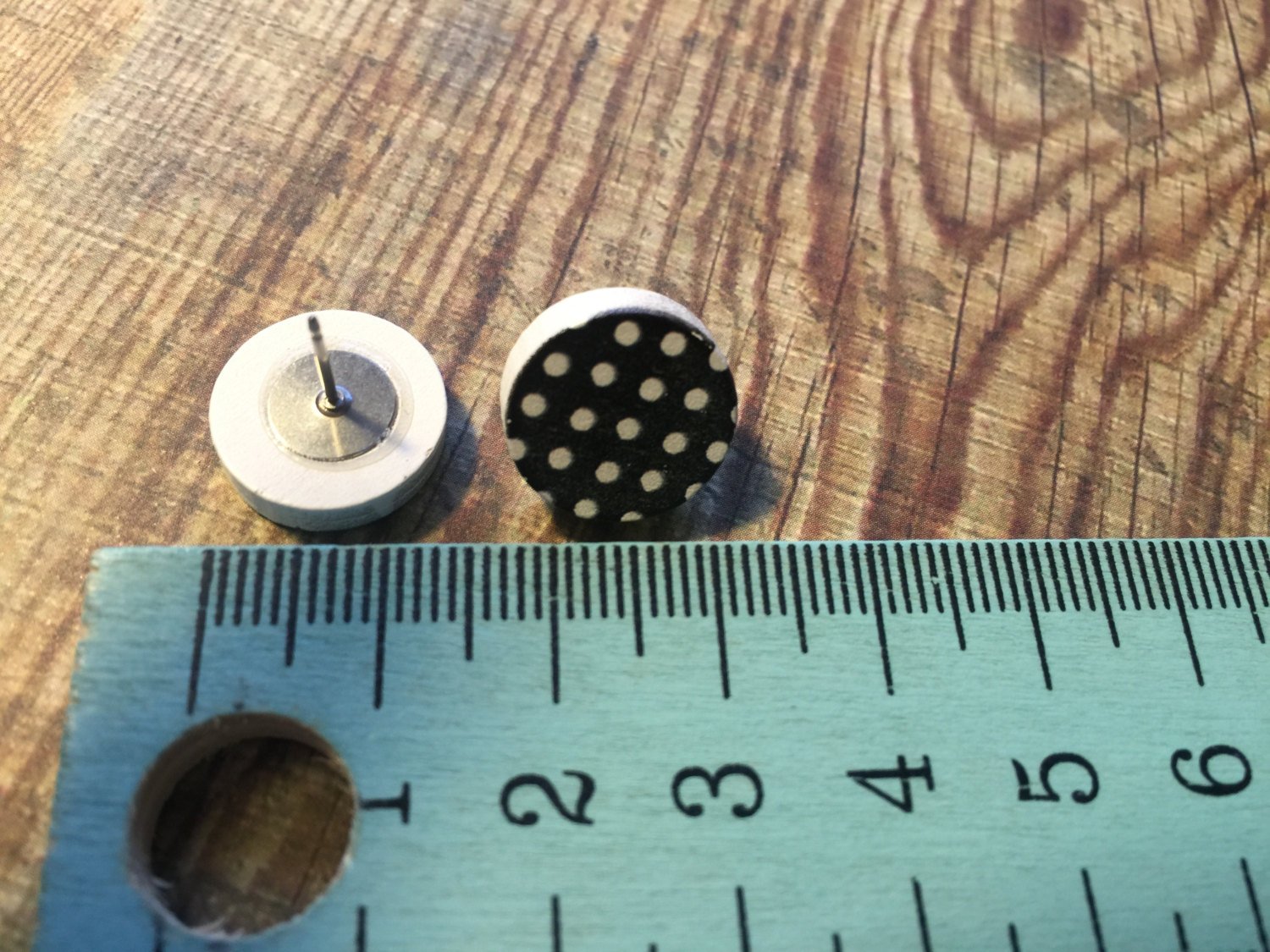 Black with White Polka Dot Printed Timber Studs/Earrings. Monochrome Studs. Monochrome Earrings. Surgical Stainless Steel Earrings - Studs.