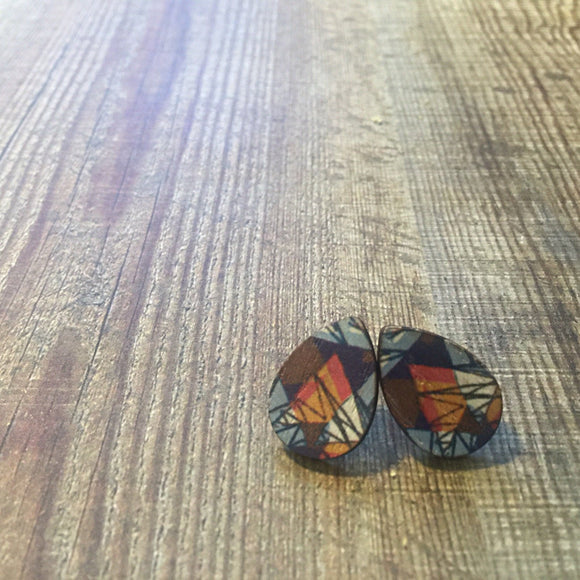 Gorgeous Geometric Printed Tear Drop Stud Earrings. On Trend Earrings. Colourful Earrings. Life's too short to wear boring Jewellery.